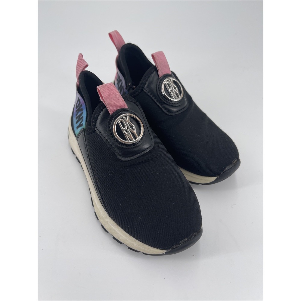 DKNY Logo Taylor Rainbow Black Slip On Memory Foam Sneakers Girls Size 11